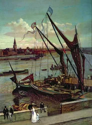 Déchargement de la barge, Lindsay Jetty et église de Battersea, vers 1860